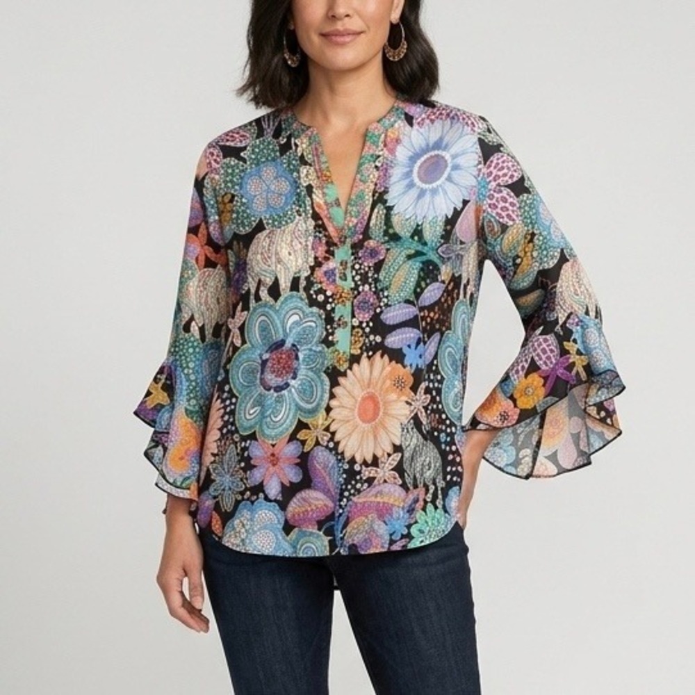 Johnny Was Zellah Silk Floral Tiger Print Ruffle Bell Sleeve Blouse Size Medium